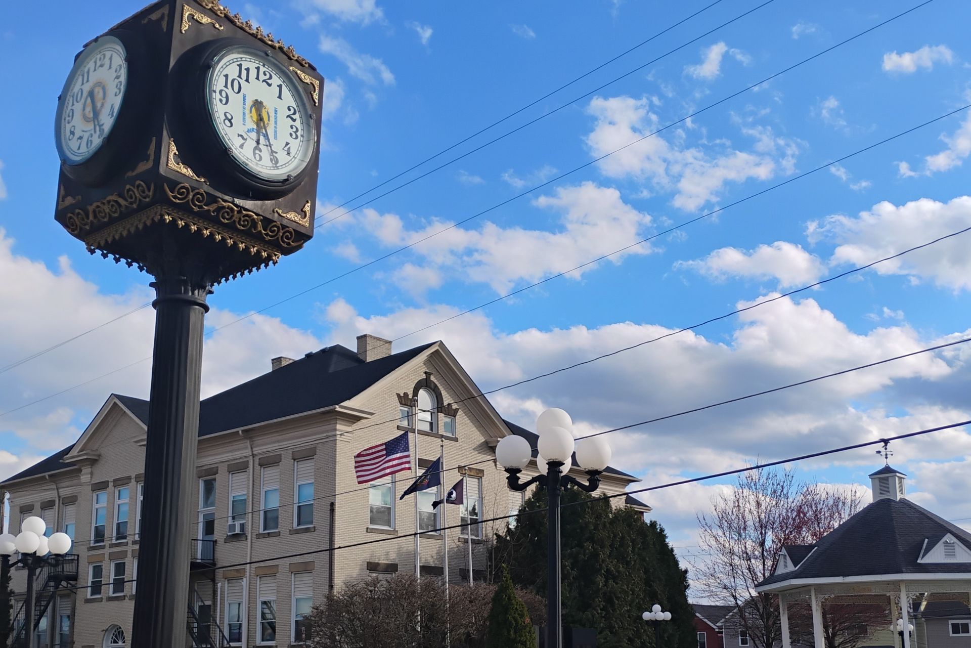 The clock and senior center on the diamond in Mt. Pleasant, Pennsylvania.