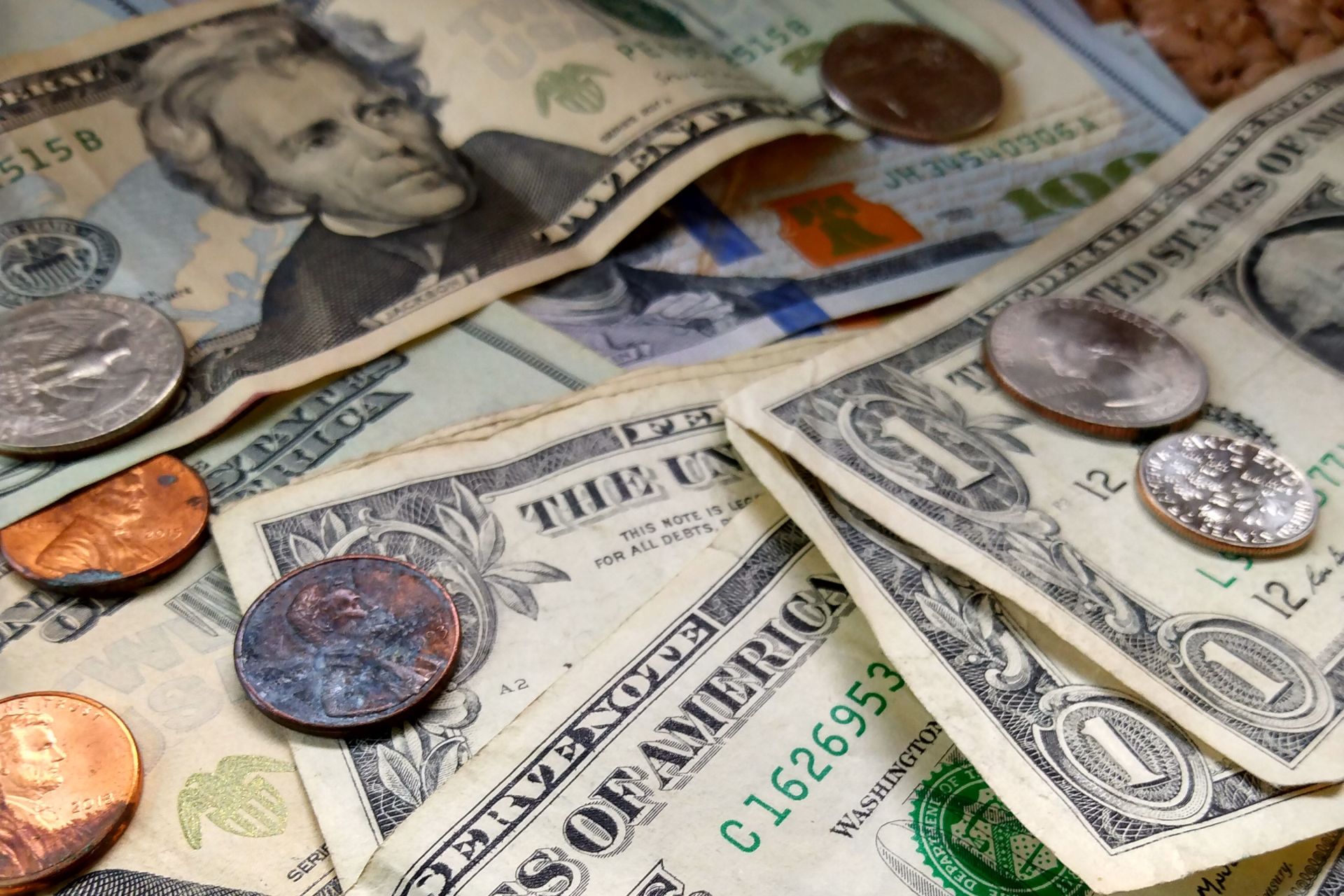 American money represented in bills and coins.